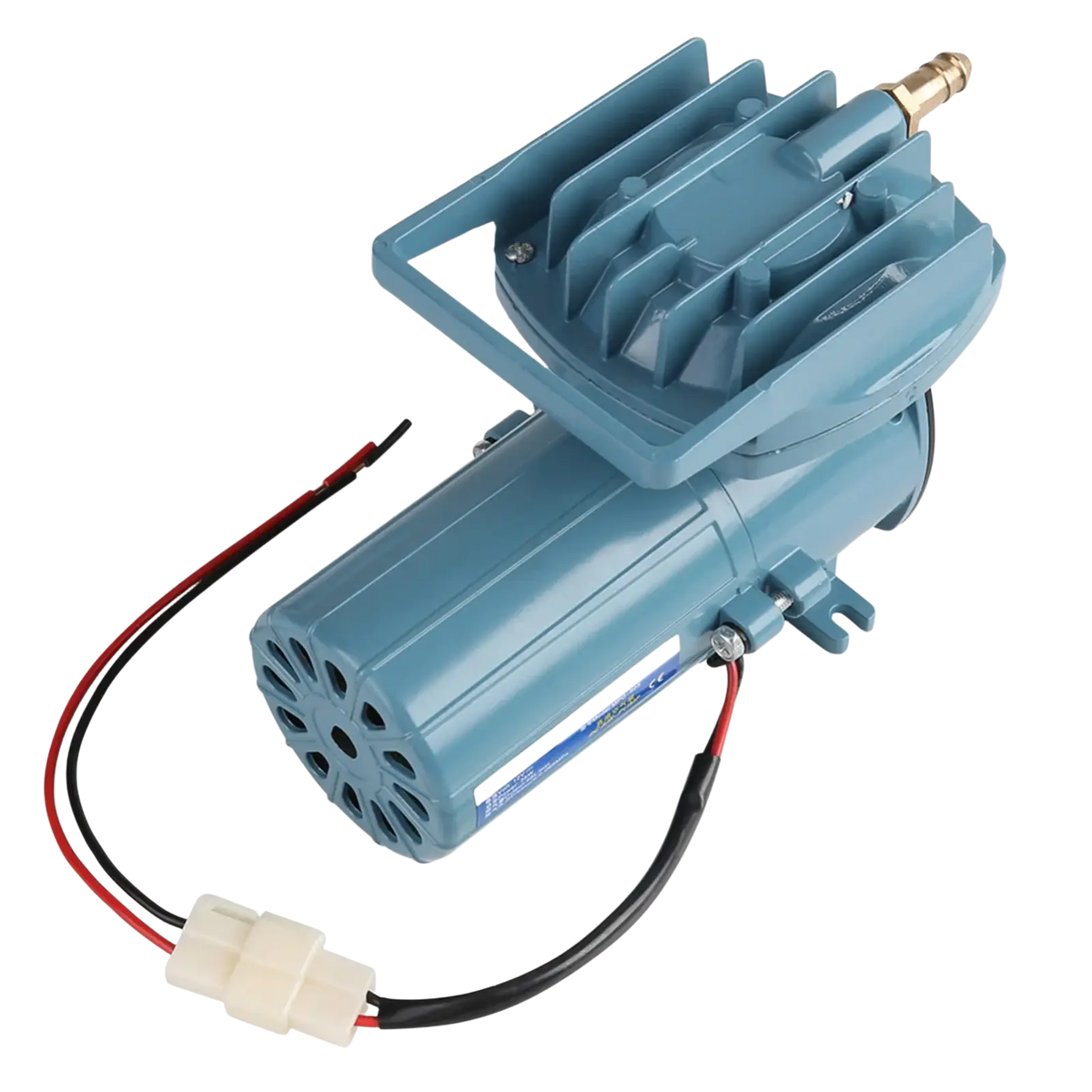 Blue 12v 35w air pump with brass fitting and red black wiring for fish pond and aquarium use