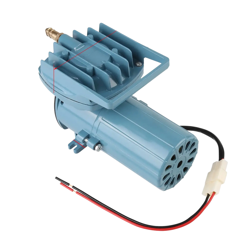 Light blue plastic 12v 35w air pump with brass fitting and red black wiring for fish pond and aquarium use