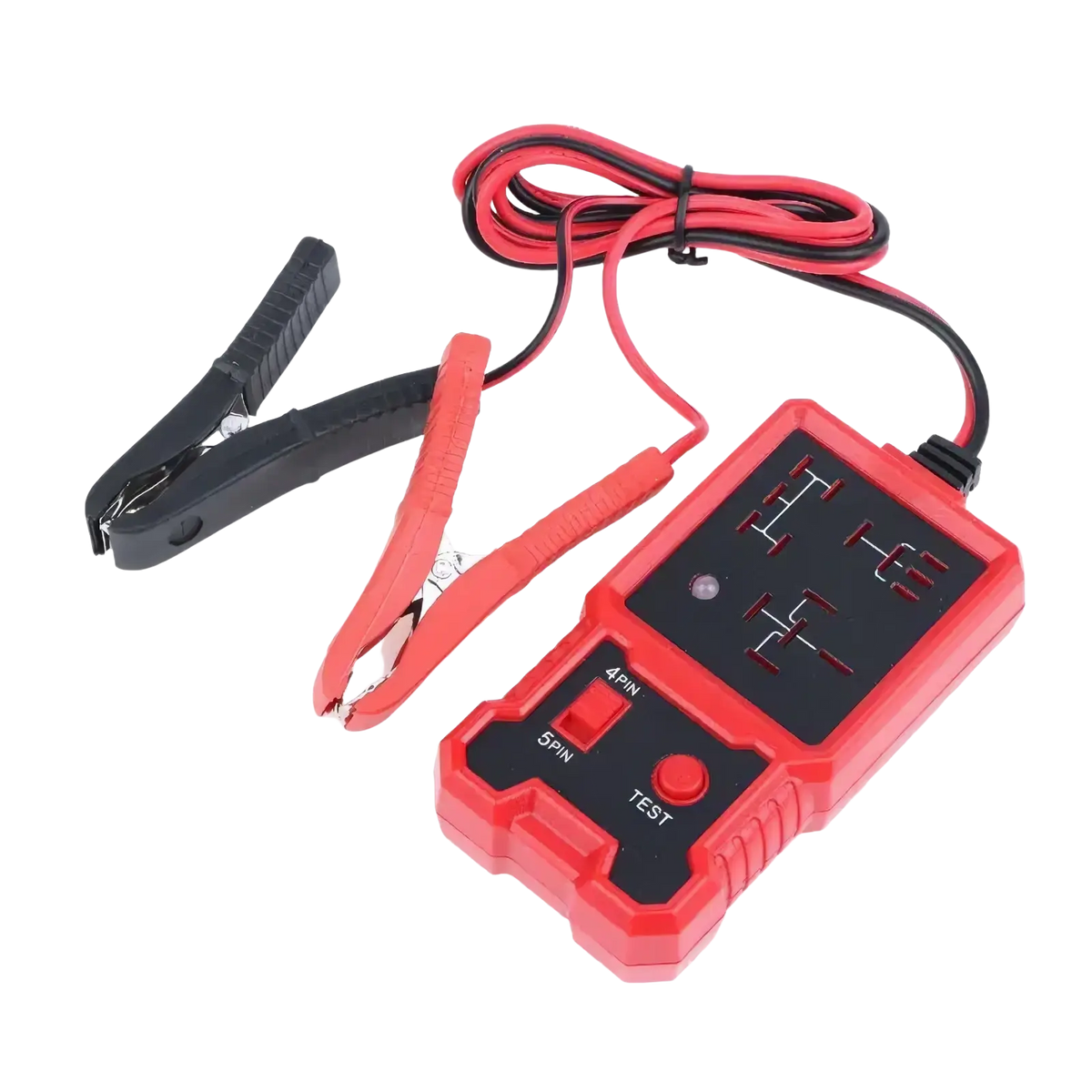 Red and black automotive relay tester tool with 12v battery terminal clamps for vehicle electrical diagnostics