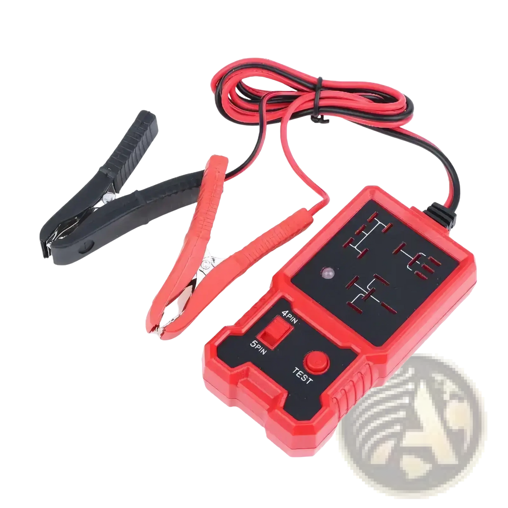 Red and black automotive relay tester tool with 12v battery terminal clamps for vehicle electrical diagnostics