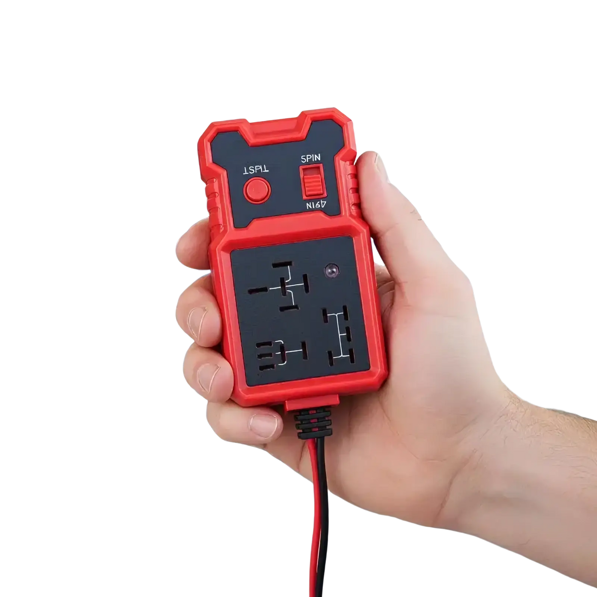 Red and black handheld 12v automotive relay tester tool with multiple plug sockets and a toggle switch for vehicle diagnostics