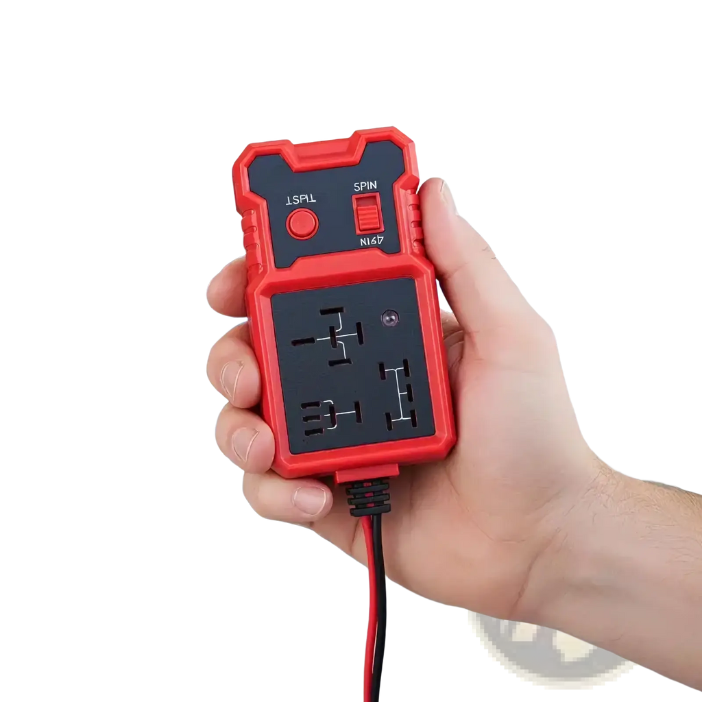 Red and black handheld 12v automotive relay tester tool with multiple plug sockets and a toggle switch for vehicle diagnostics