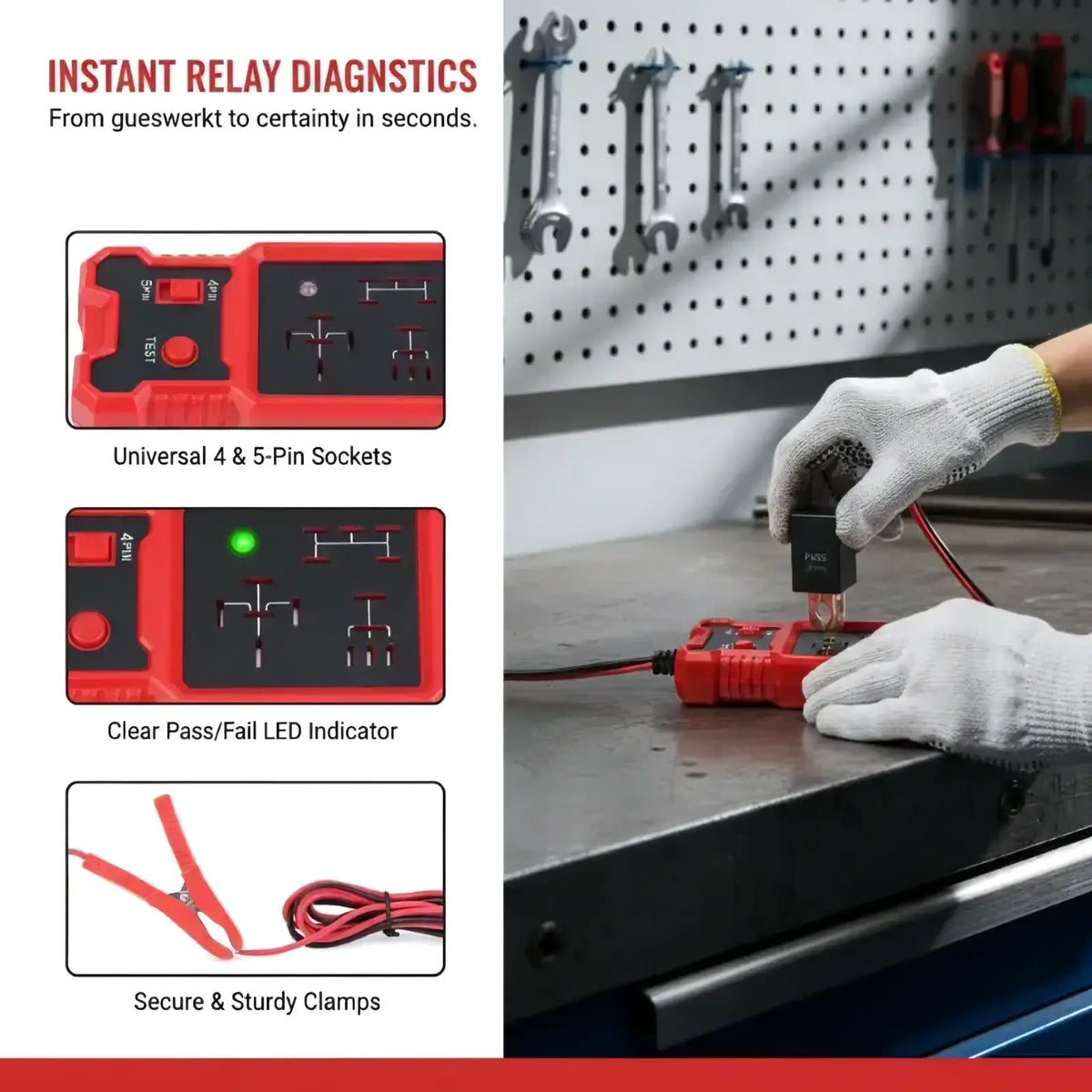Red and black 12v automotive relay tester tool with universal 4 and 5 pin sockets and clear pass fail led indicator