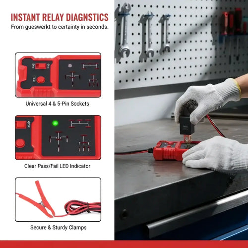 Red and black 12v automotive relay tester tool with universal 4 and 5 pin sockets and clear pass fail led indicator