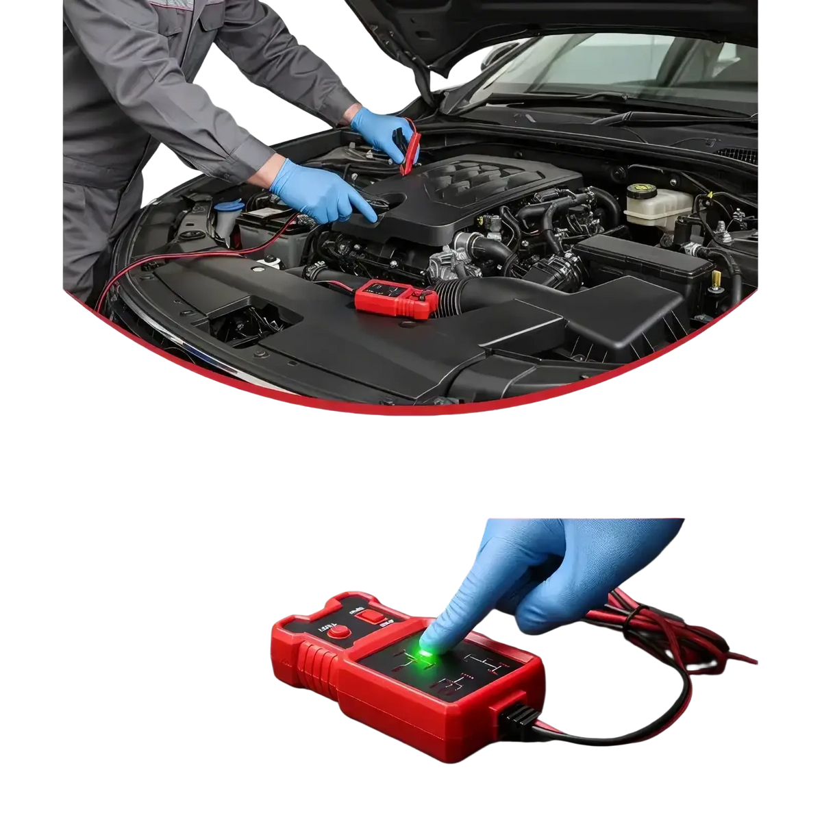Red handheld 12v automotive relay tester tool with green led display and black test leads for vehicle battery testing