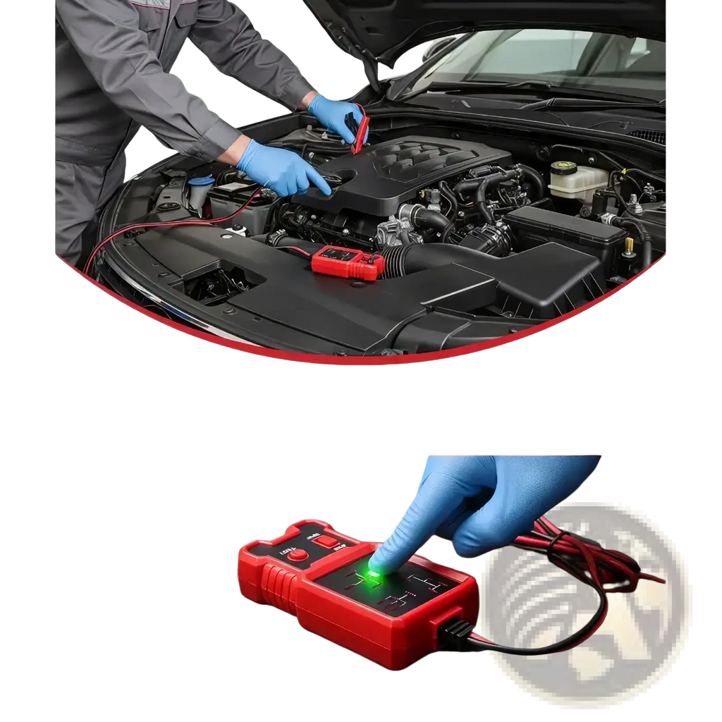 Red handheld 12v automotive relay tester tool with green led display and black test leads for vehicle battery testing