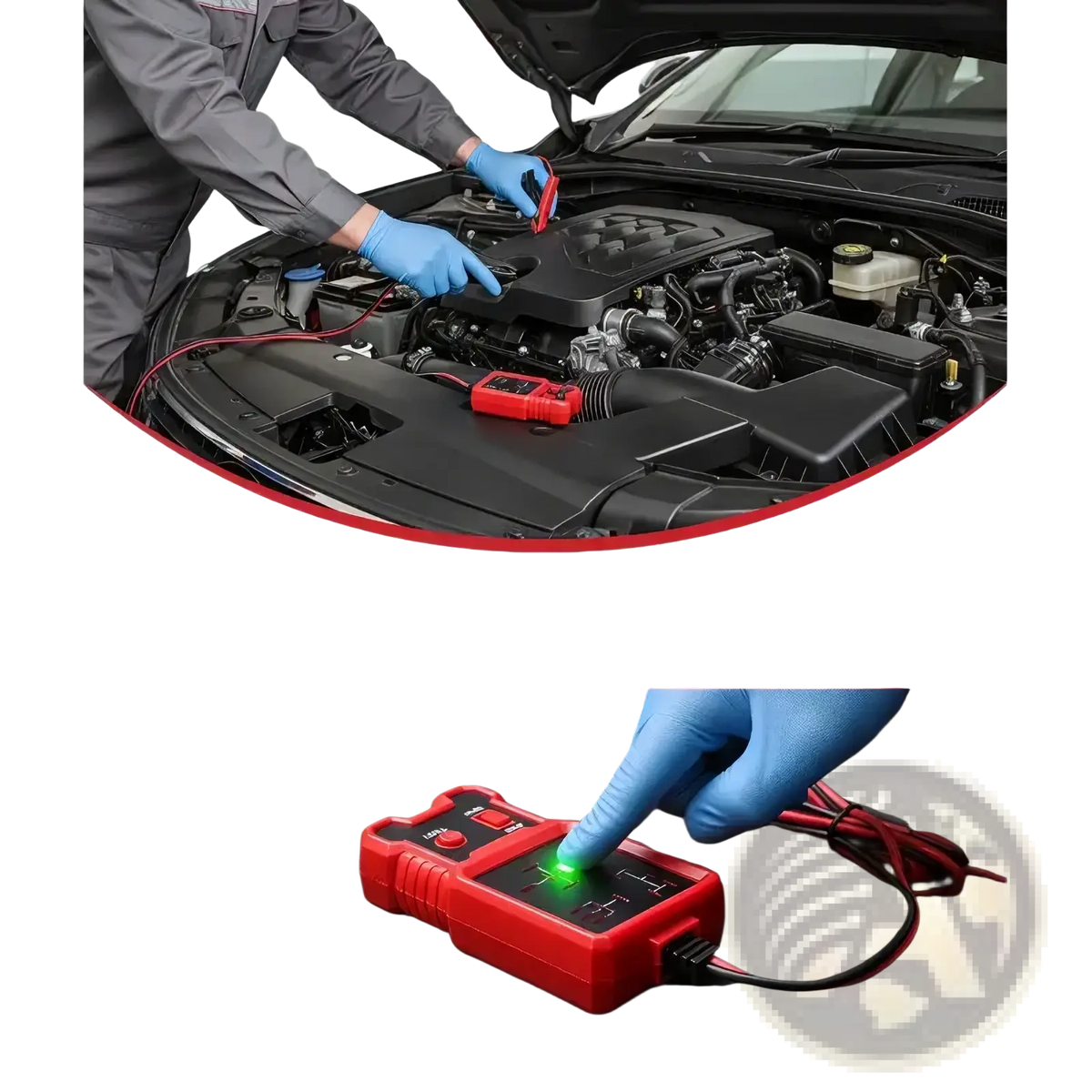 Red handheld 12v automotive relay tester tool with green led display and black test leads for vehicle battery testing