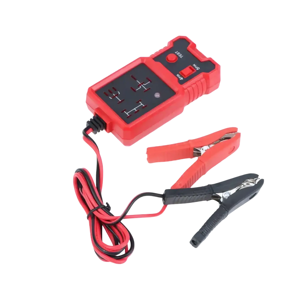 Red plastic 12v automotive relay tester tool with black display and red and black test leads for vehicle diagnostics