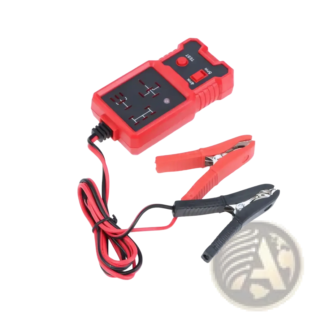 Red plastic 12v automotive relay tester tool with black display and red and black test leads for vehicle diagnostics
