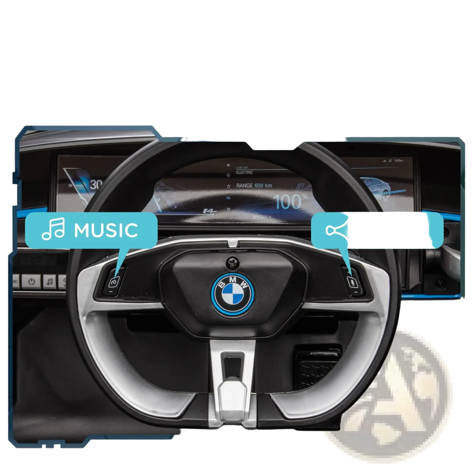 Silver and black BMW steering wheel with multimedia controls for 12v BMW ride on car with remote control and suspension