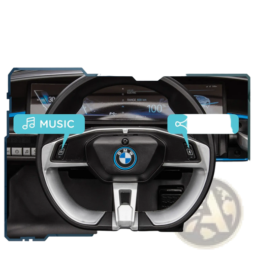 Silver and black BMW steering wheel with multimedia controls for 12v BMW ride on car with remote control and suspension