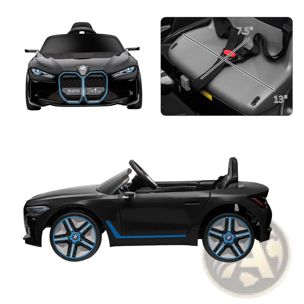 Black children’s 12v bmw ride on car with remote control and suspension featuring blue accents and gray interior