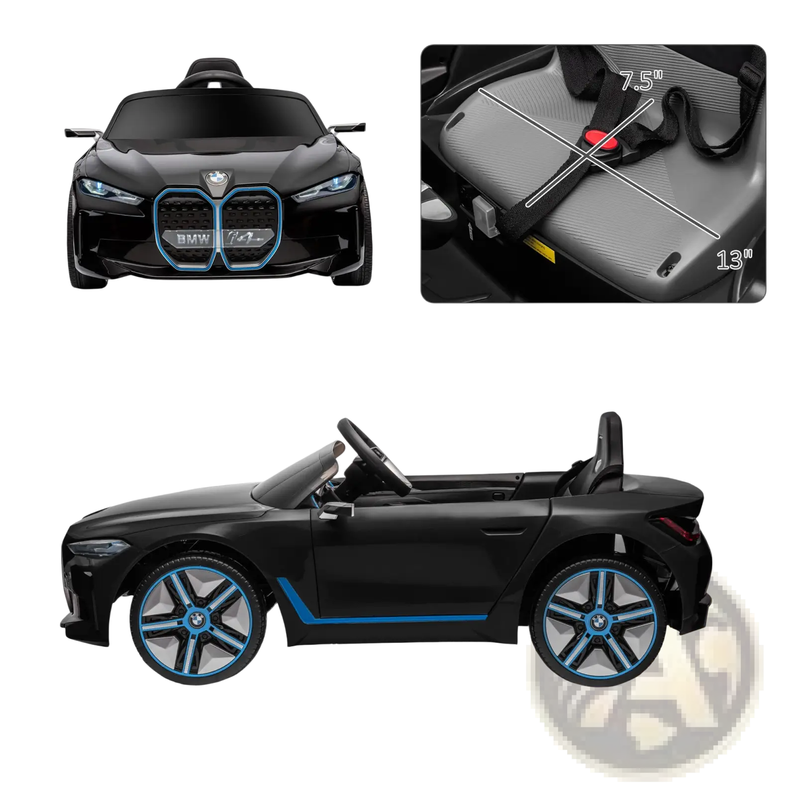 Black children’s 12v bmw ride on car with remote control and suspension featuring blue accents and gray interior