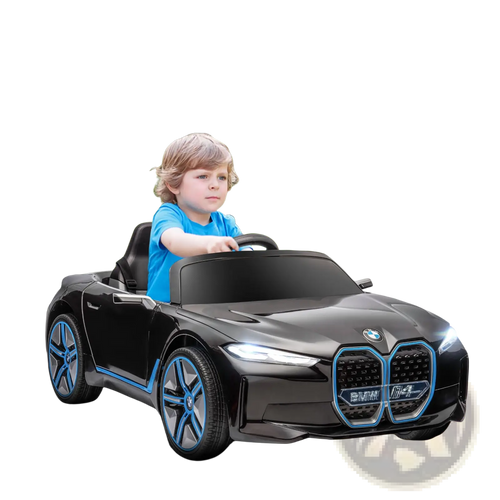 Black children’s 12v bmw ride on car with remote control suspension and blue accents on front grille
