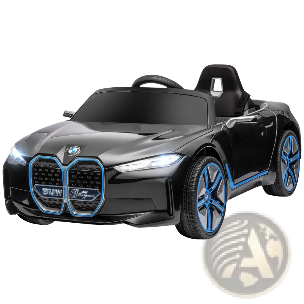 Black and blue bmw i4 12v electric ride on car with remote control and suspension featuring a sleek modern design