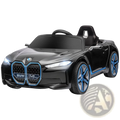 Black and blue bmw i4 12v electric ride on car with remote control and suspension featuring a sleek modern design