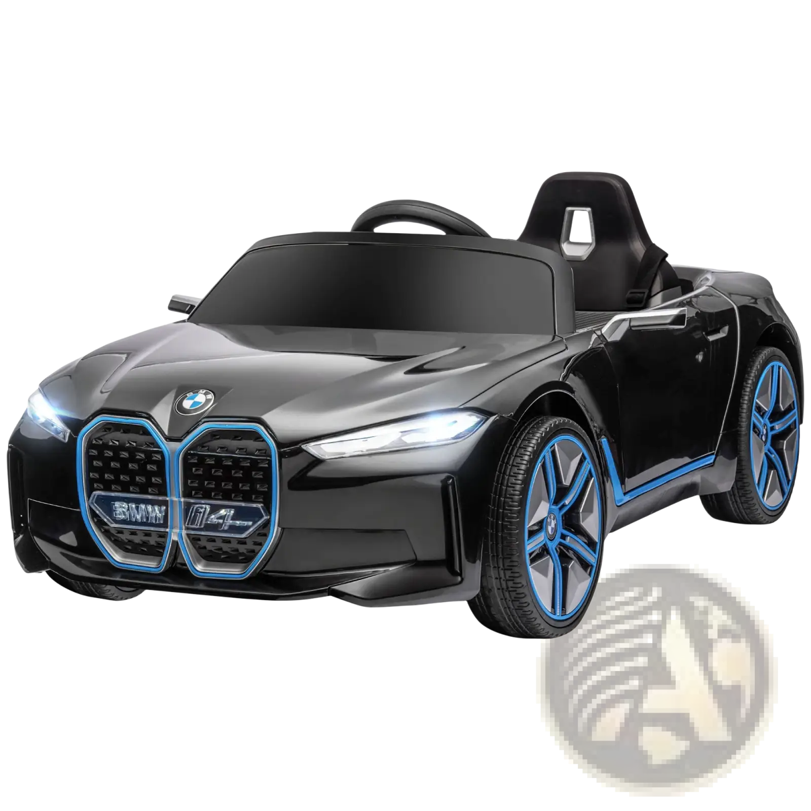 Black and blue bmw i4 12v electric ride on car with remote control and suspension featuring a sleek modern design