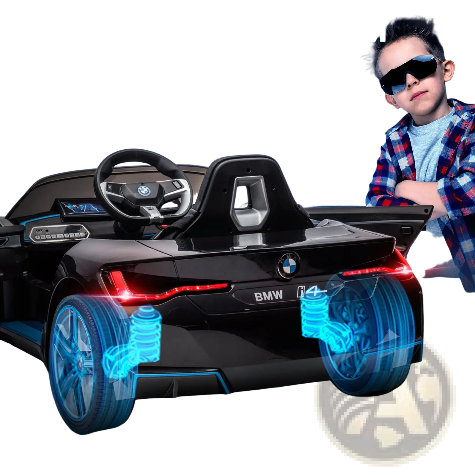 Black BMW i4 12v ride on car with remote control, illuminated blue suspension, and red LED lights displayed from the backside