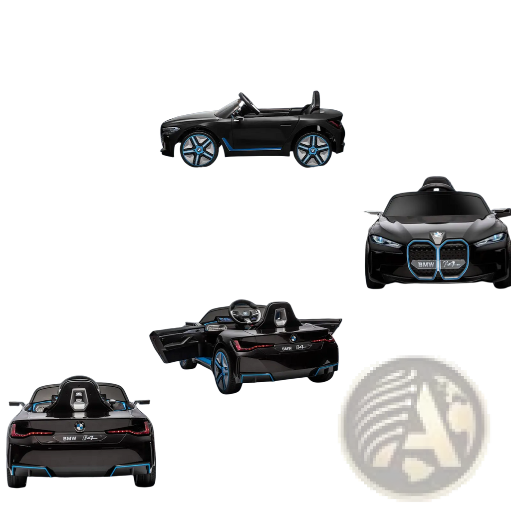 Black bmw i4-inspired 12v ride on car with remote control suspension and blue accent lighting for children