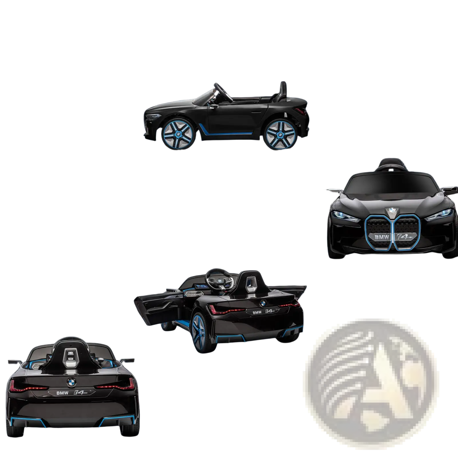 Black bmw i4-inspired 12v ride on car with remote control suspension and blue accent lighting for children