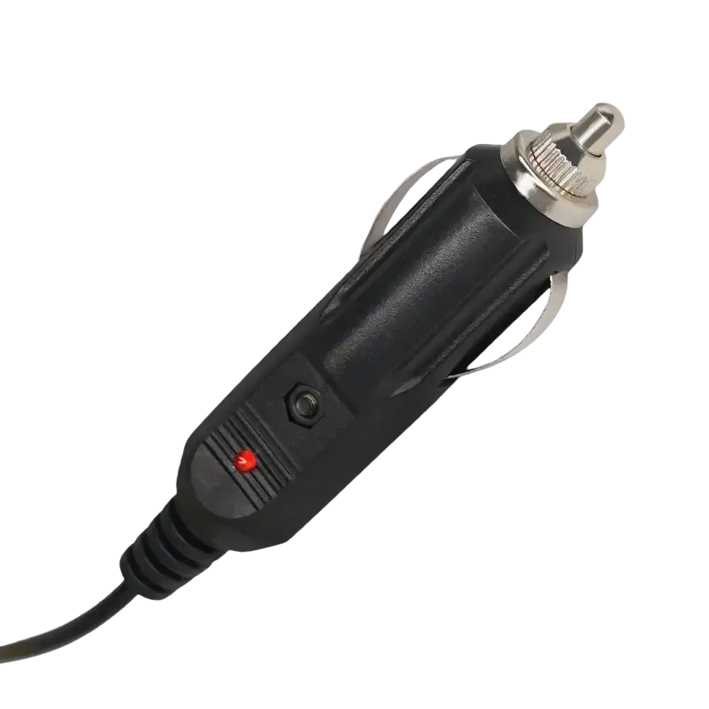 Black 12v dc power car charger with silver metallic plug and red indicator light for Baofeng uv5re 5ra use