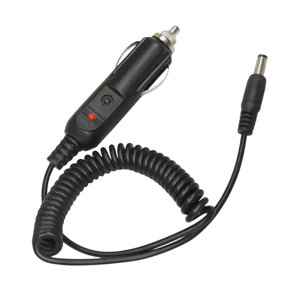 Black coiled 12v dc power car charger cable with red indicator light and metallic connectors for uv5re 5ra radios