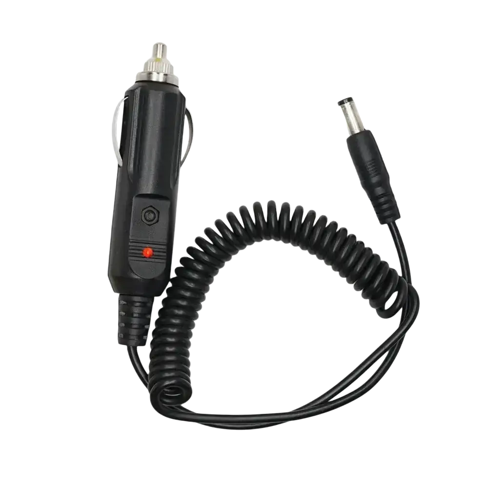 Black coiled 12v dc power car charger cable with silver-tipped plug and red indicator light for Baofeng uv5re 5ra