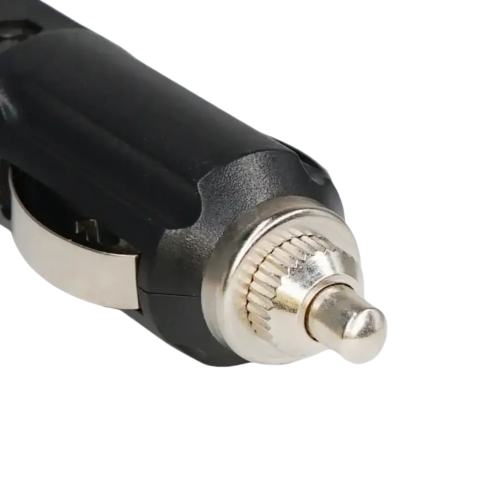 Black plastic 12v dc power car charger with metallic silver tip and textured grip for Baofeng uv5re 5ra radios