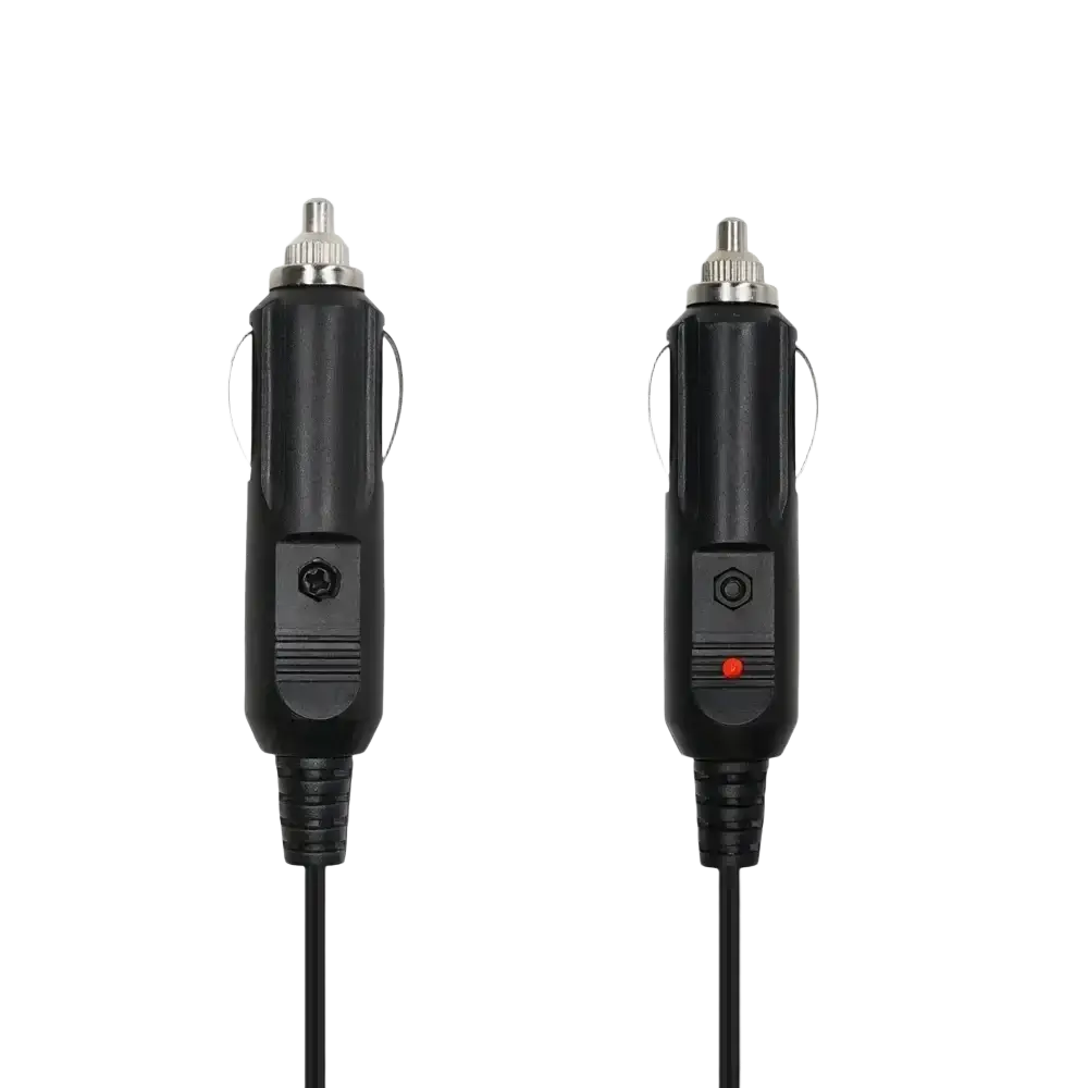 Black 12v dc power car charger adapter with silver metallic tips and red indicator light for uv5re 5ra radios