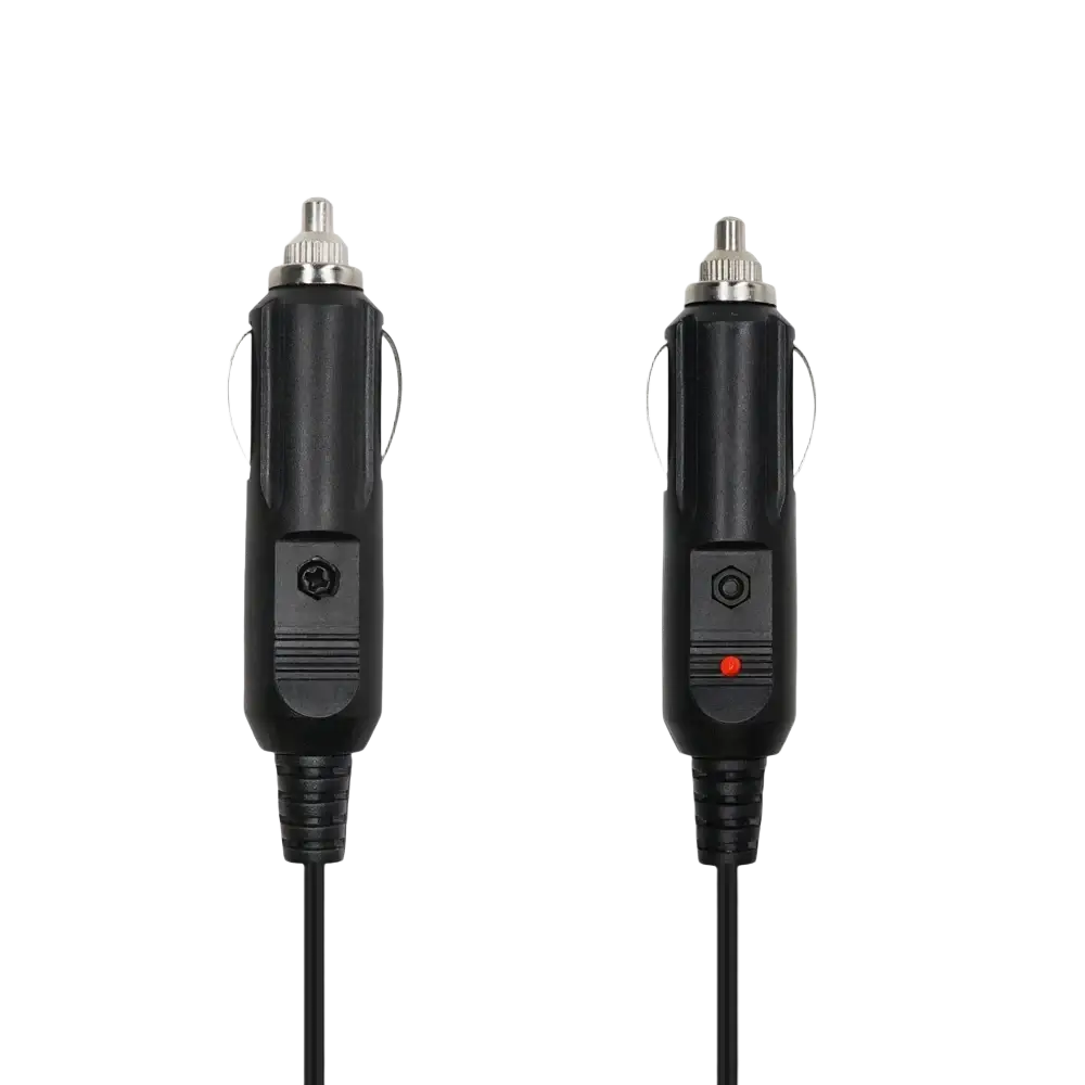 Black 12v dc power car charger with silver tip and red switch light for uv5re 5ra baofeng radios