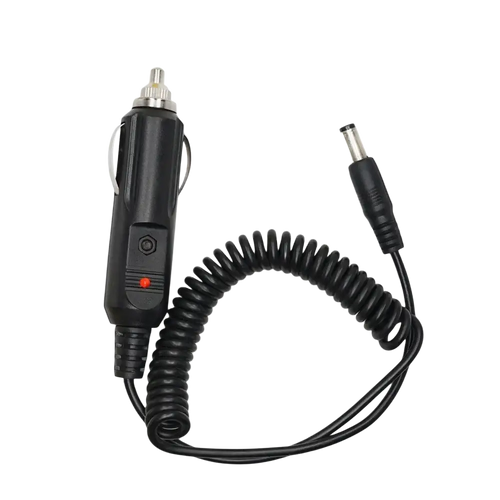 Black coiled 12v dc power car charger cable with silver tip and dc connector for uv5re 5ra baofeng radios