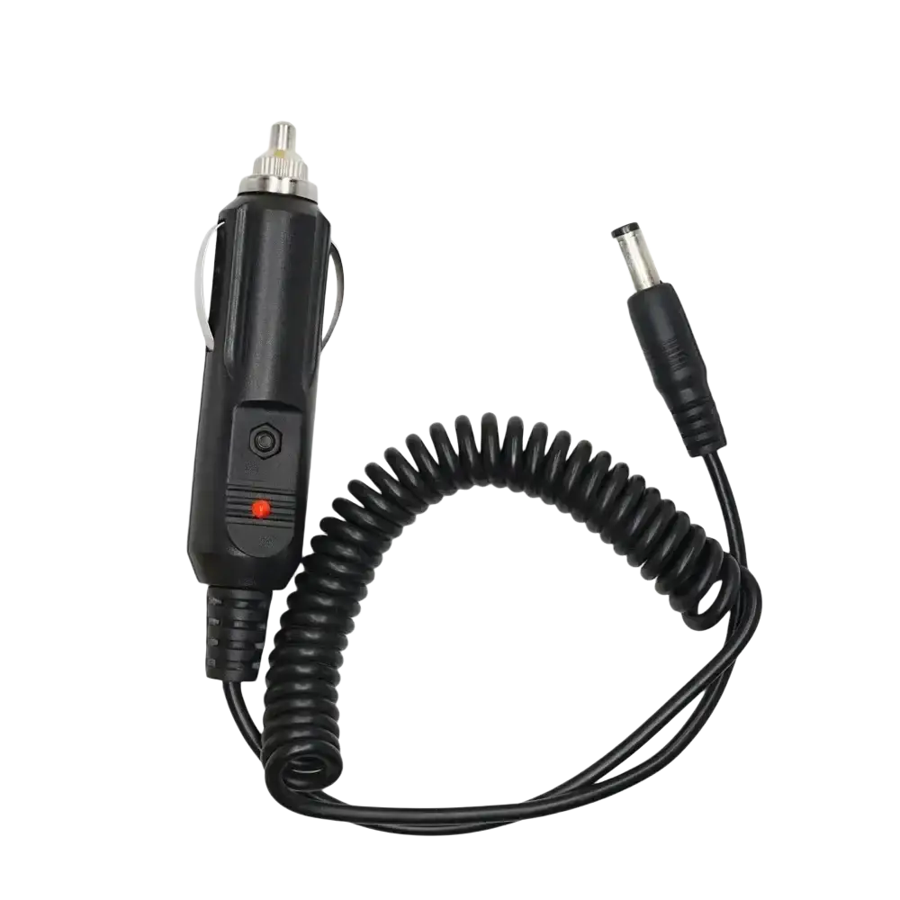 Black coiled 12v dc power car charger cable with silver-tipped plug for uv5re 5ra Baofeng radios