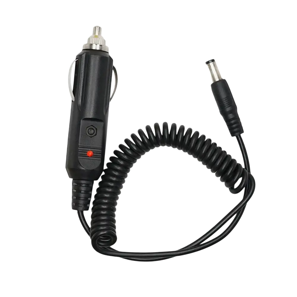 Black coiled 12v dc power car charger cable with silver tip and red indicator light for uv5re 5ra baofeng radios