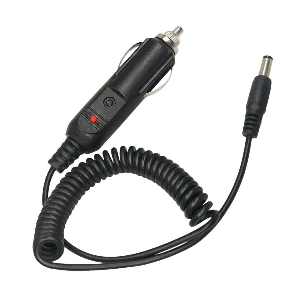 Black coiled 12v dc power car charger with red indicator light and metallic plug for uv5re 5ra baofeng radios