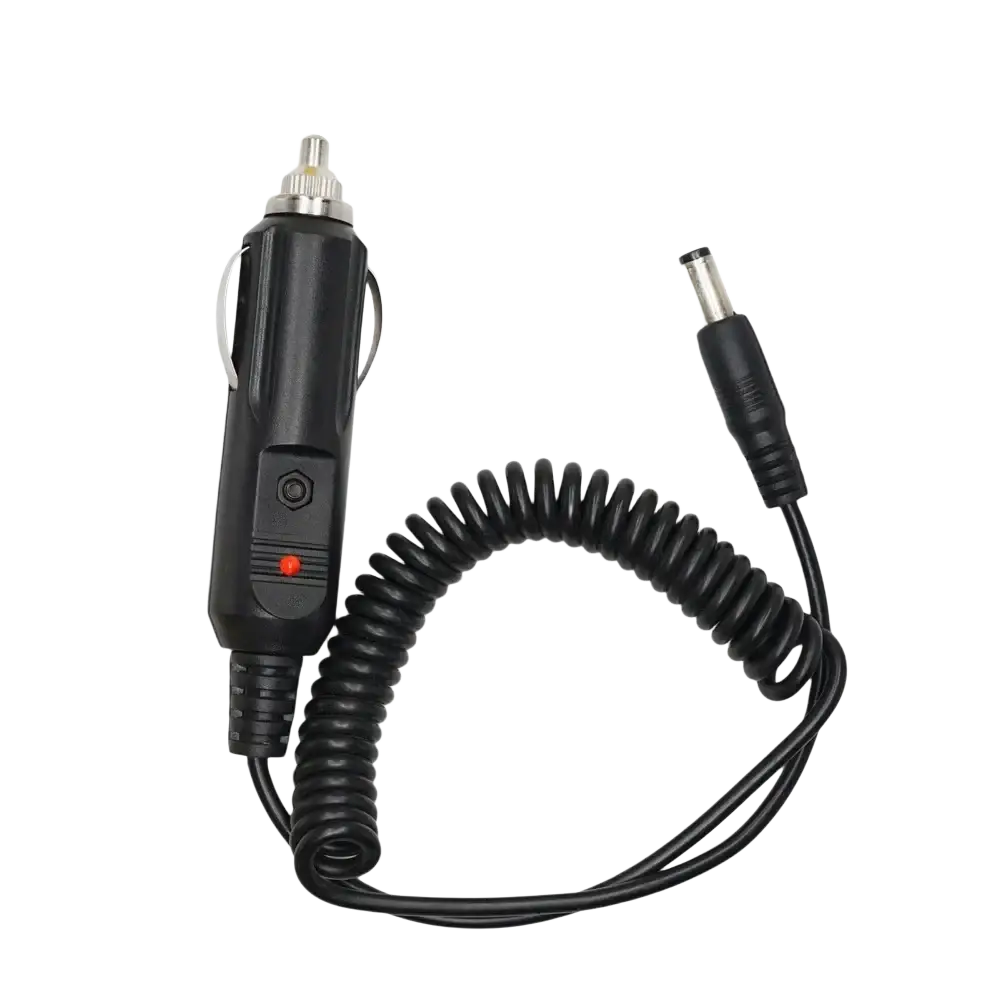 Black coiled 12v dc power car charger cable with silver-tipped plug for uv5re 5ra baofeng radios