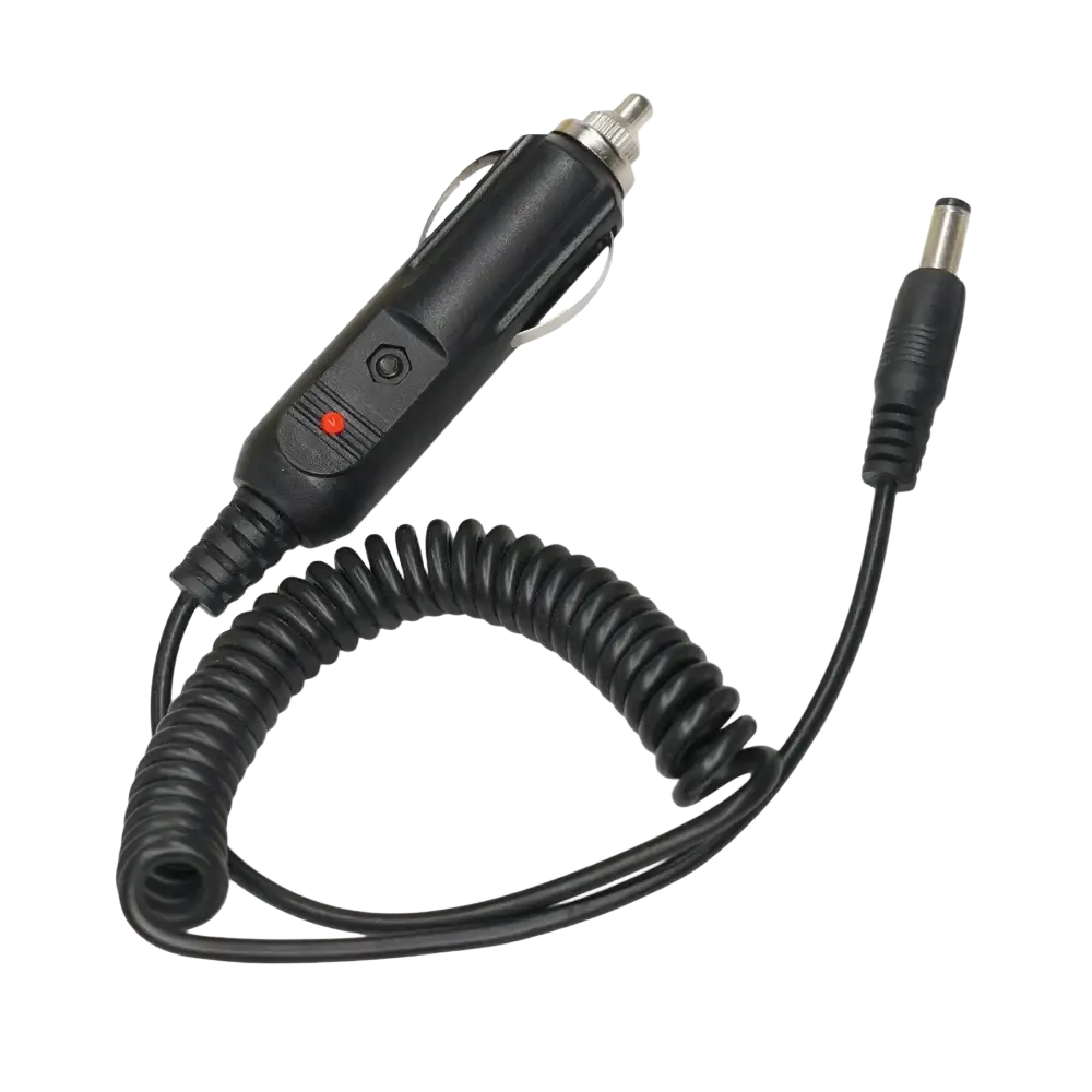 Black coiled 12v dc power car charger with red power indicator for uv5re 5ra baofeng radios metallic connectors