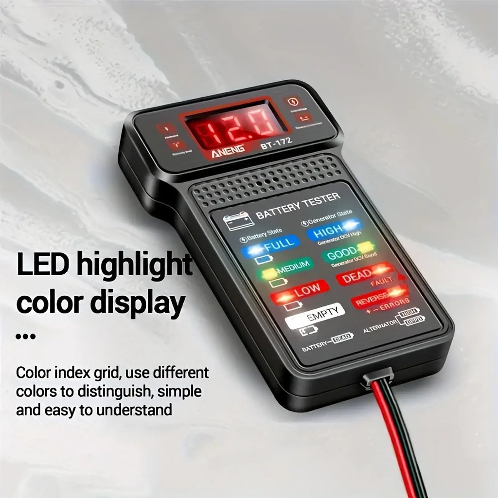 Black aneng bt-172 12v digital car battery tester with red led display and color-coded indicator lights