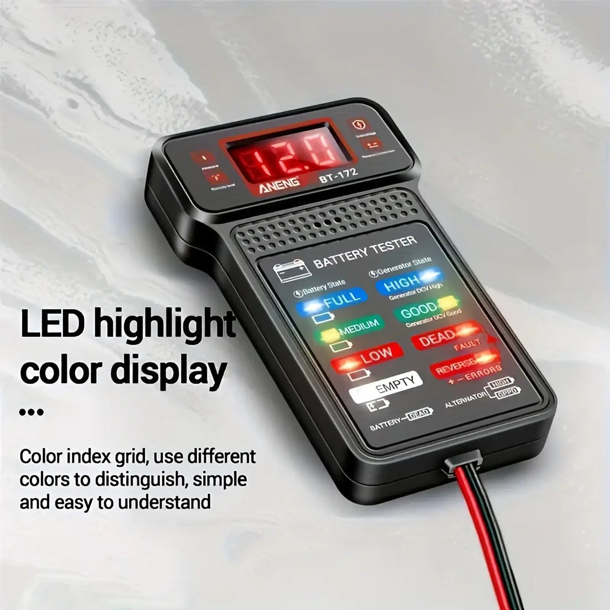 Black aneng bt-172 12v digital car battery tester with red led display and color-coded indicator lights