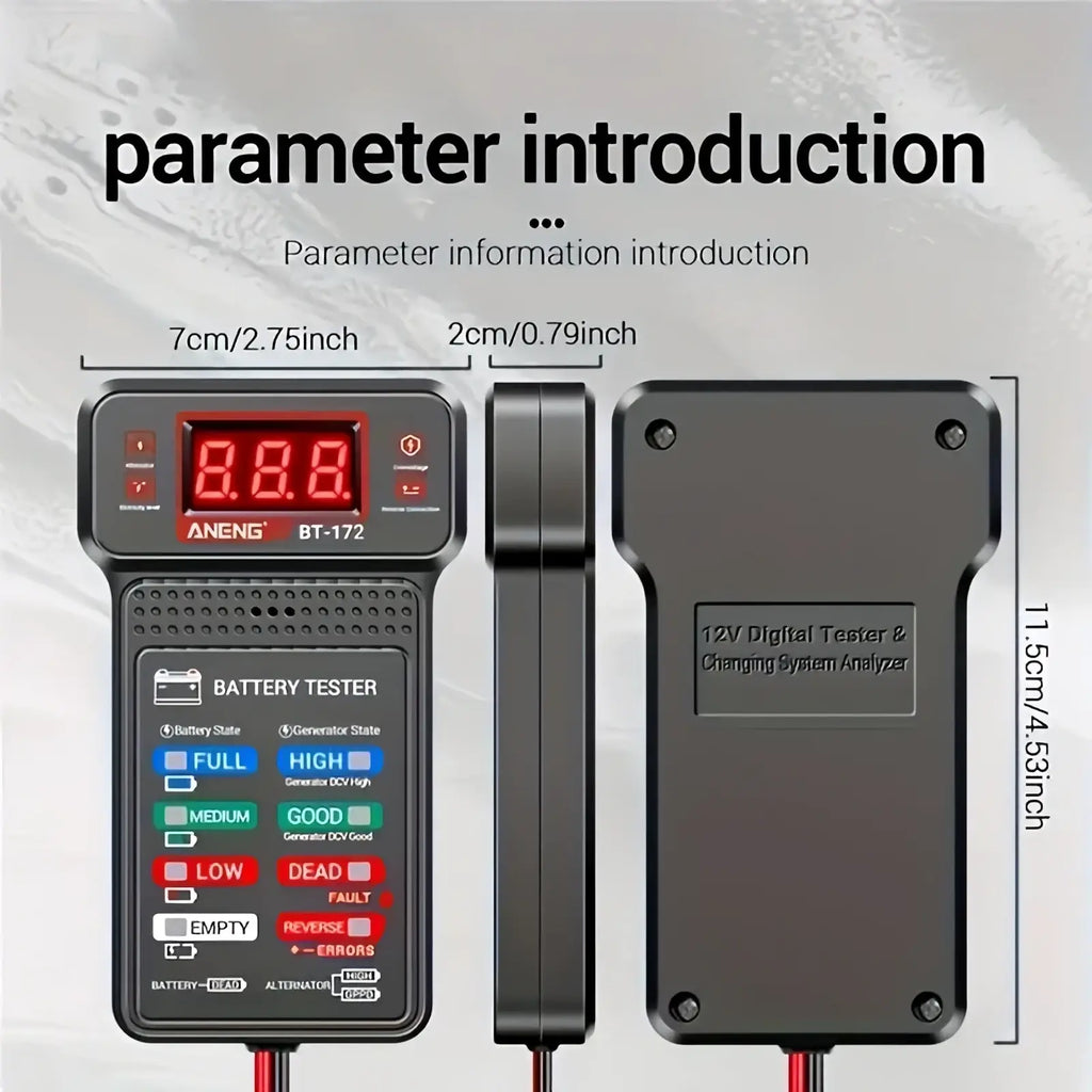 Black aneng bt-172 12v digital car battery tester with red led display and color-coded status indicators for easy use