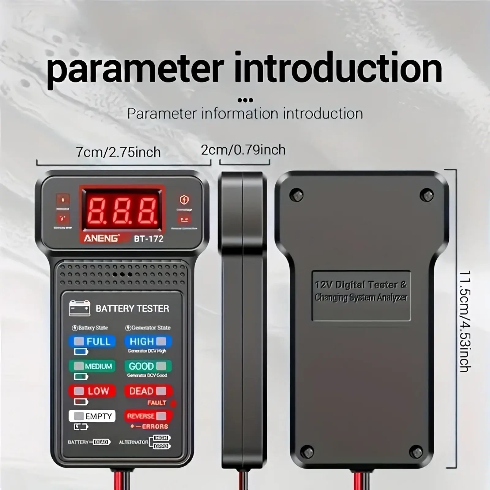 Black aneng bt-172 12v digital car battery tester with red led display and color-coded status indicators for easy use