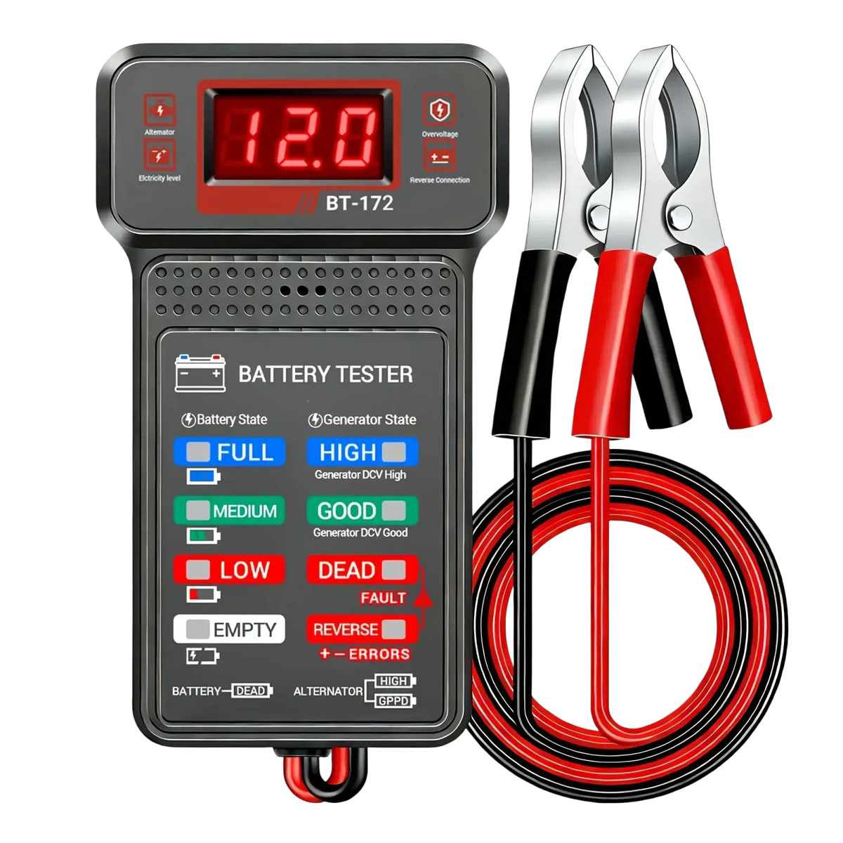Black bt-172 12v digital car battery tester with red digital display and matching red and black clamps for accurate testing
