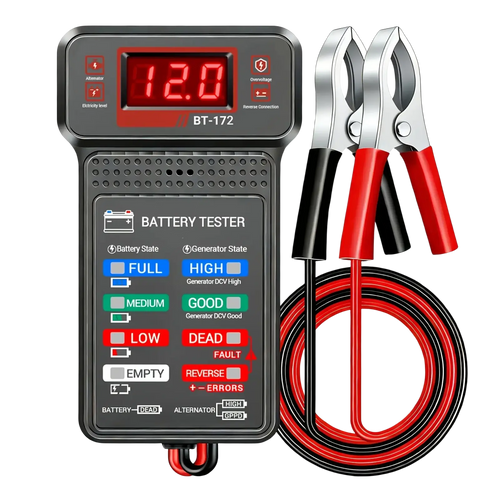 Black bt-172 12v digital car battery tester with red digital display and matching red and black clamps for accurate testing