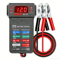 Black bt-172 12v digital car battery tester with red digital display and matching red and black clamps for accurate testing