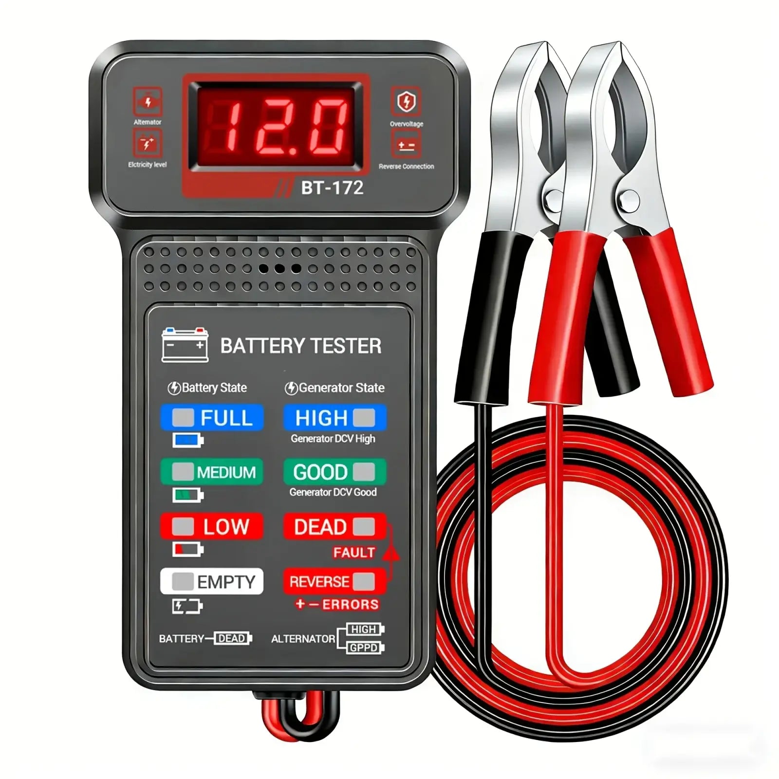 Black bt-172 12v digital car battery tester with red digital display and matching red and black clamps for accurate testing