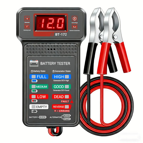 Black bt-172 12v digital car battery tester with red digital display and matching red and black clamps for accurate testing