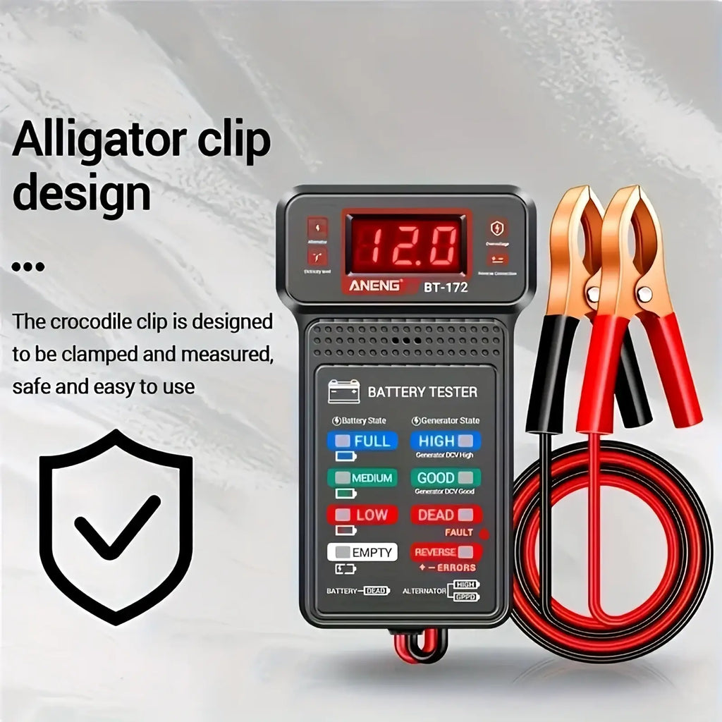 Black aneng bt-172 digital 12v car battery tester with red and black alligator clips for automotive use