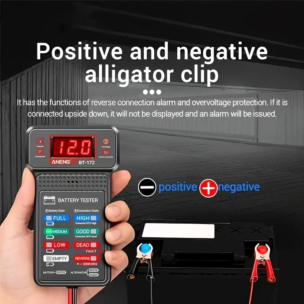 Black and red alligator clip with digital display on 12v digital car battery tester for accurate voltage measurement