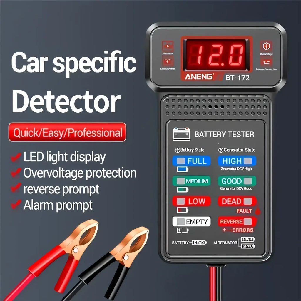 Black and red aneng bt-172 12v digital car battery tester with led display showing 12.0 volts and battery state indicators