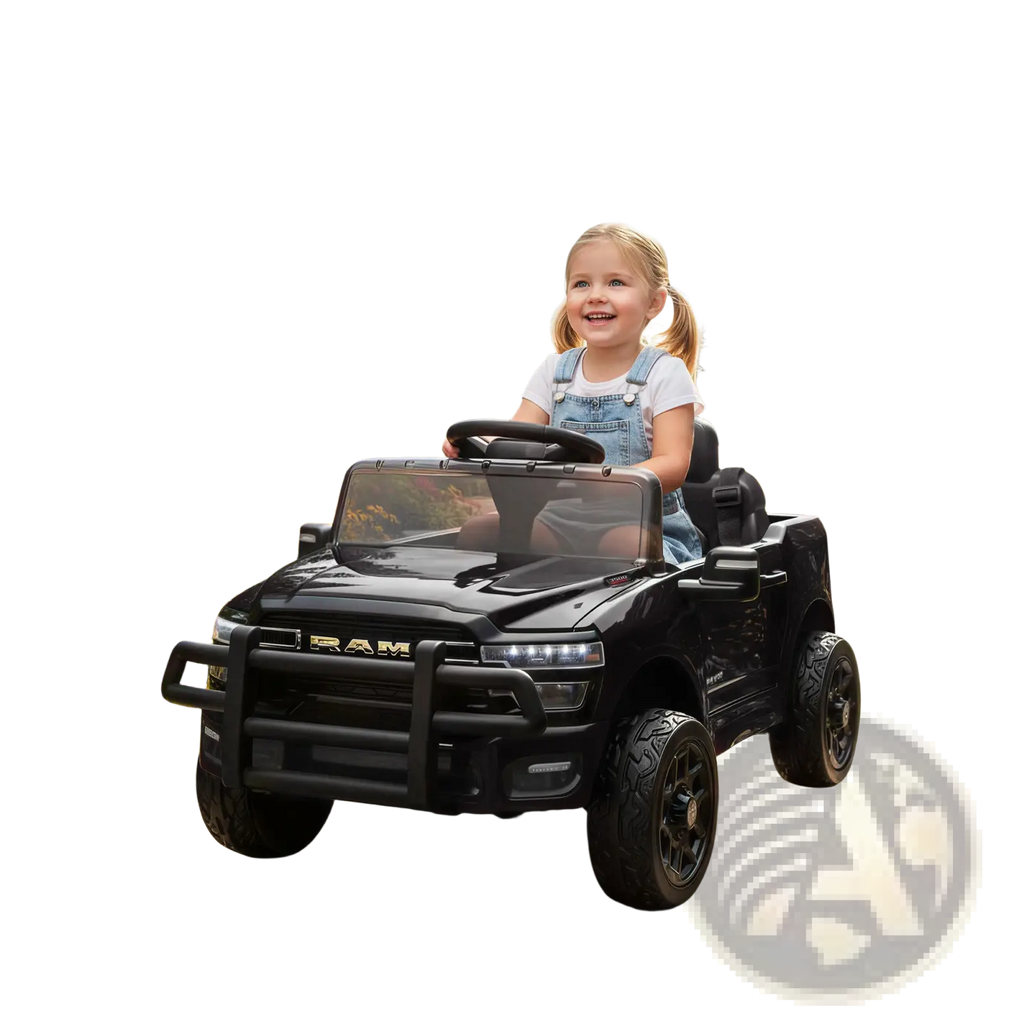 Black 12v dodge ram 3500 kids ride on car with remote featuring rugged realistic design and ram branding on grille