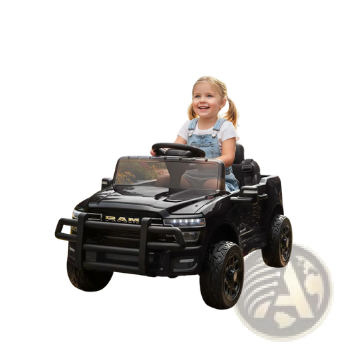 Black 12v dodge ram 3500 kids ride on car with remote featuring rugged realistic design and ram branding on grille